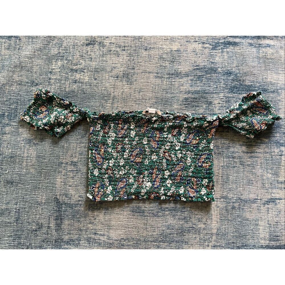 Blush BJ Green Floral Off The Shoulder Smocked Crop Top Small